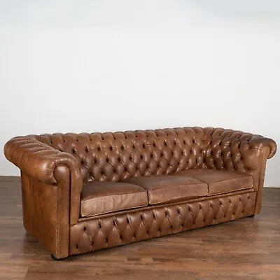 Vintage Brown Leather Three Seat Chesterfield Sofa Denmark Circa 1960-70 • $4050