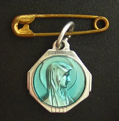Vintage Mary Lourdes Aluminum Pin Religious Holy Catholic Aqua Blue • $7.19