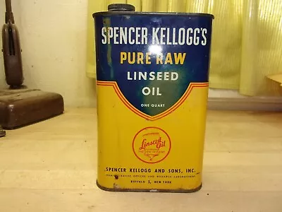 Vintage Spencer Kellogg's Pure Raw Linseed Oil 1 Qt. Can 80% + Left FREE SHIPPIN • $16.99