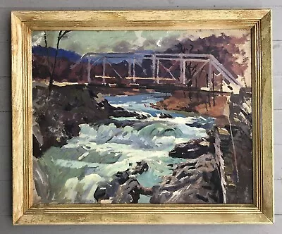 American School Perhaps Vermont ? Oil On Board  Steel Bridge And Roaring Stream • $165