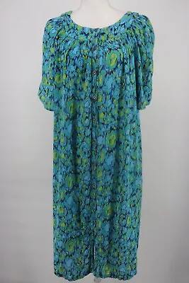 Go Softly Patio Dress Size L Blue Green Crinkle Gauze Short Sleeve Pocket MuuMuu • $27.99