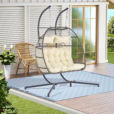 2 Person Wicker Egg Chair Double Indoor Outdoor Hammock Egg Chair W/Stand • $328.34