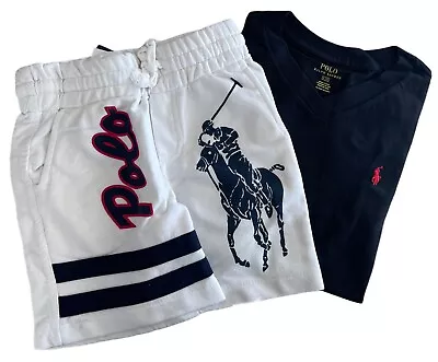 Ex Ralph Lauren Polo Boys White Big Pony  2 Pack Shorts Black T Shirt Set Age 5 • £19.99