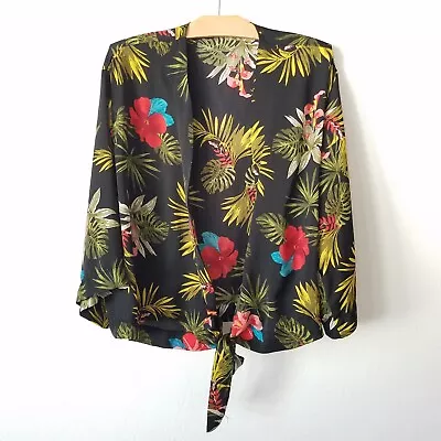 Miss Lili Womens XL Tie Kimono Top Jacket Hawaiian Floral Print Tropical Black  • $14.99