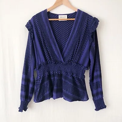 CECILIE COPENHAGEN Purple Black Woven Cotton Plunge V-Neck Blouse Size L Shirred • $68