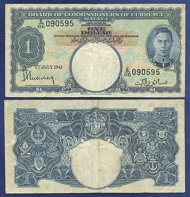 Malaya 1 Dollar 1941 Prefix E86 King George Vi Very Fine • $30