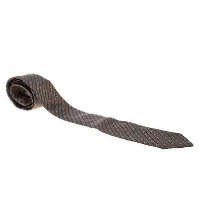 Lanvin Vintage Brown Diagonal Striped Embroidered Traditional Silk Tie • $115.50