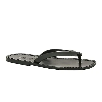 Italian Men Flat Flip Flops Thong Slippers Handmade Shoes In Black Soft Leather • £98.40