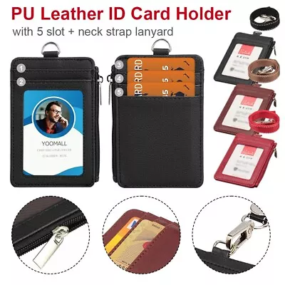 Synthetic Leather ID Badge Card Holder Vertical Clip Neck Strap Lanyard Case • $3.30