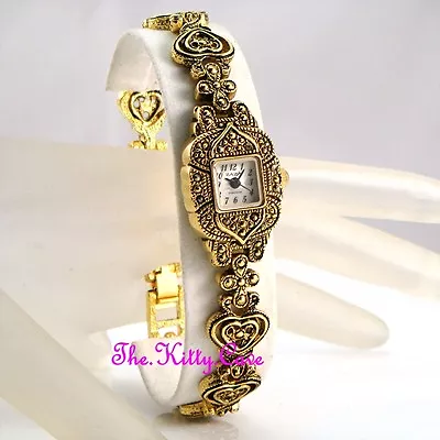 Vintage Arabesque Filigree Goth Hearts Gold Plt MOP Marcasite Ladies Dress Watch • $64.35