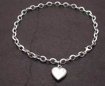 Puffed Heart Tag Charm Oval Link Ankle Bracelet Anklet Real 925 Sterling Silver • $47.20