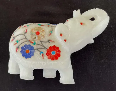 Handmade White Marble Elephant 4 X 5.5  Gemstone Inlaid Floral Design 1.4 Lbs • $125