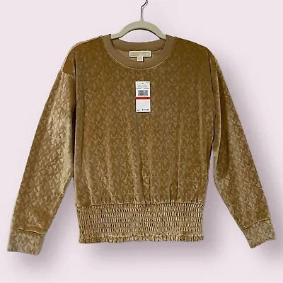 Michael Kors All Over Logo Smocked Velour Top Size XS Dark Camel NWT $110 • $39.99