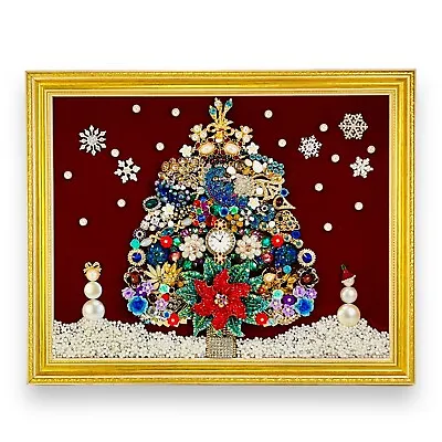 Jewelry Art Christmas Tree Scene Vtg Gold Frame Mid Century Jeweled Rhinestones • $119.99