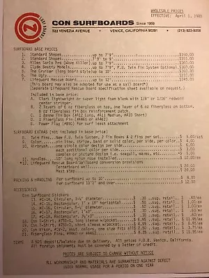 CON Surfboards“1980 Cost Sheet”1960 Santa Monica/Venice Surf(jacobsvelzybear • $9