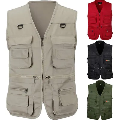 Mens Multi Pocket Vest Hiking Hunting Fishing Waistcoat Body Warmer Gilet Jacket • £12.99