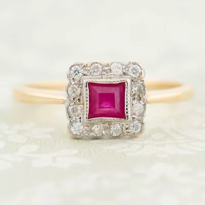 Ruby And Diamond Cluster Ring - 9ct Gold - Vintage Style - Size M • $715.62