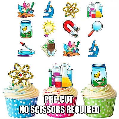 PRECUT Science Party Themed Edible Cupcake Toppers Birthday Cake Decorations • £3.99