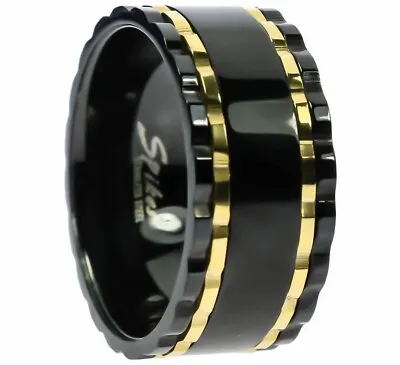 Black Open Gear Worry Spinner Mens Ring Stainless Steel Gold Overlay Size 10 T84 • $19.14