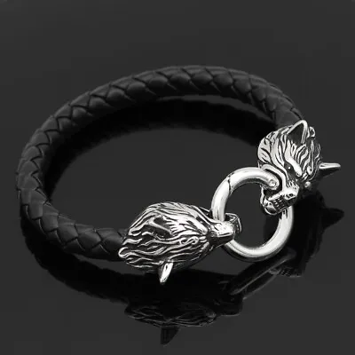 Men's Norse Viking Stainless Steel Wolf Braided Leather Cord Bracelet Amulet  • $9.99