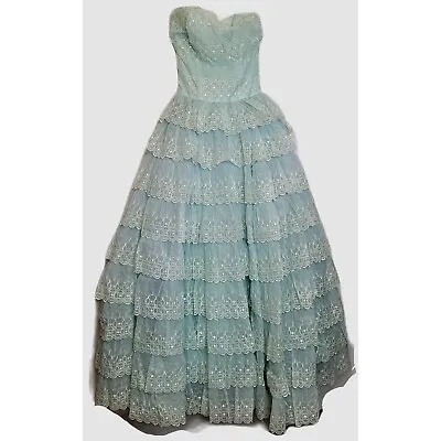 Vintage Tiered Ruffle Dress Tulle Skirt Light Blue Lace Strapless 50s Formal Sm • $279.99