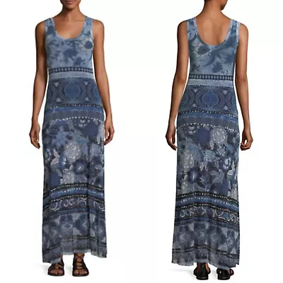 Fuzzi Patchwork Floral Print Maxi Dress Mesh Lined Blue Women’s Size Small • $149.99