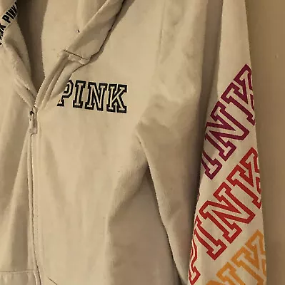 Victoria's Secret PINK Perfect Full Zip Hoodie Sweatshirt White Rainbow Logo M • $15.99