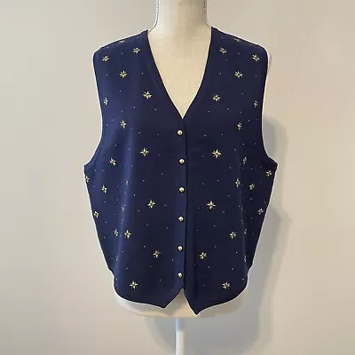 Vintage Talbots Vest Size Large Navy Blue Embroidered Stars Button Up Sleeveless • $39