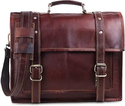 Men's 18  Full Grain Large Leather Messenger Bag Brown Leather Laptop Briefcase • $57.39