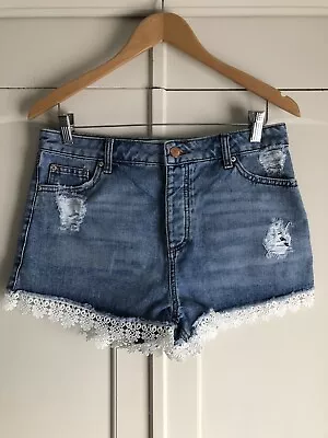 Miss Selfridge Ladies Denim Mom Shorts With Lace Trim Brand New Size 12 • £2