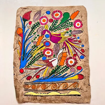 Vintage Mexican Folk Art Bird Painting On Amate Bark Paper 2 Colorful Birds • $15