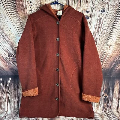 Vintage LL Bean Burnt Orange Button Fleece Sherpa Hooded Jacket Coat Size Medium • $49.99