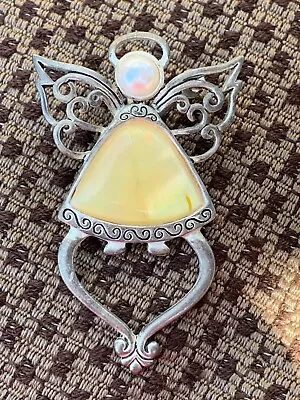 Vintage Brooch Pin Yellow Mother Of Pearl Silver Tone Angel Pendant 2 1/4 X 1.5 • $18.09