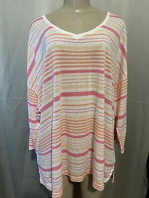J. Jill 2X Pink Multi Stripe V Neck Tee Shirt 3/4 Sleeve Soft Rayon Tencel • $28