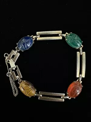 Vintage Sterling Gold Plated Carved Scarab Bracelet 6” • $89.99