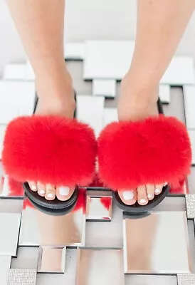 Womens Ladies Faux Fur Fluffy Sliders Fashion Summer Sandals Slippers Warm Shoes • £10.95