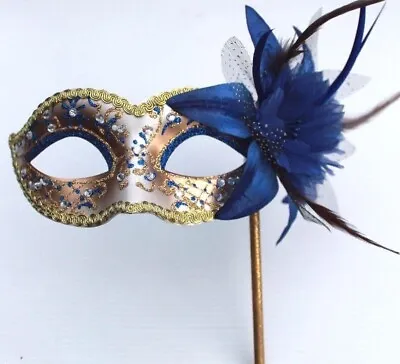 Blue Gold & Crystal Venetian Masquerade Party Carnival Ball Mask Flower & Stick • £17.99