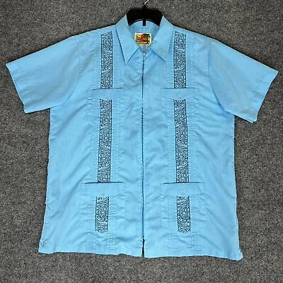 Haband Guayabera Shirt Mens Large Teal Full Zip 4 Pocket Embroidered Cuban Adult • $19.75