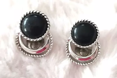 SARAH COVENTRY 1980'S Silver Tone Open Work Black Cabochon Clip On Earrings • $15.92