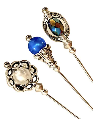 £9.99 • Buy 3 X Hat Pins Vintage Antique Silver Style 3 Inch Long Hat Pin & Protector**