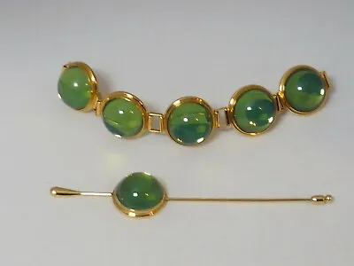 Lalique Crystal Green Cabochon Linked Bracelet Hat Pin Vintage Nerita France  • $590