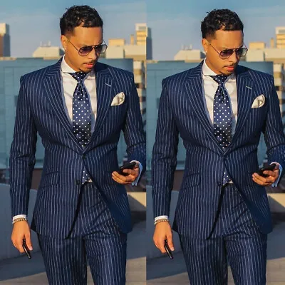 Navy Blue Striped Mens Suit Slim Fit Tuxedos Groom Business Party Wedding Suit • $94.99