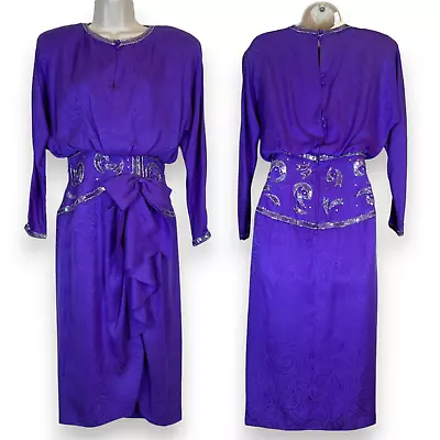 Vintage Dress 4 Small Silk Beaded Sequin Purple Deadstock 80s Cocktail Party • $49.99