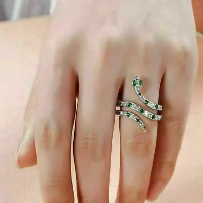 2Ct Round Cut Lab Created 14K White Gold Plated Green Emerald Snake Shape Ring • $90.99