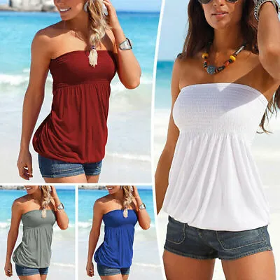 £5.93 • Buy Women Strapless Bandeau Boob Tube Tops Ladies Beach Blouse T Shirt Top Summer