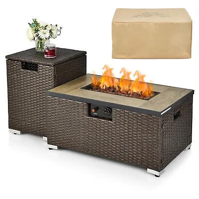 40000 BTU Outdoor Propane Rattan Fire Pit Table Set W/ Side Table Tank & Cover • £199.95