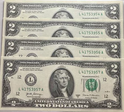 *Lot Of 4 LUCKY CRISP Uncirculated/Sequential $2 Two Dollar Bills* Series 2017A. • $14.44