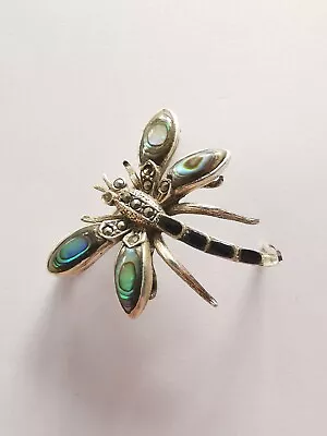 £3.20 • Buy Sterling Silver Abalone, Onyx & Marcasite Dragonfly Brooch *Stone Missing*. R19E