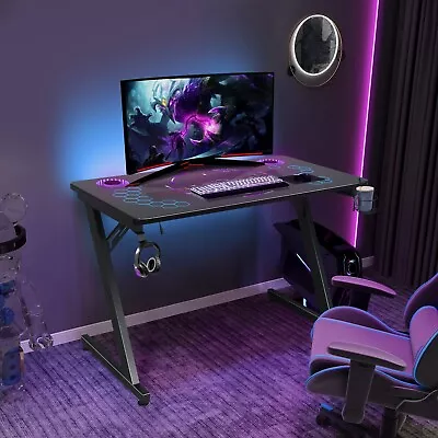 ELECWISH Gaming Desk Computer Table RGB Glass Gamer Workstation With Cup Holder • $119.99