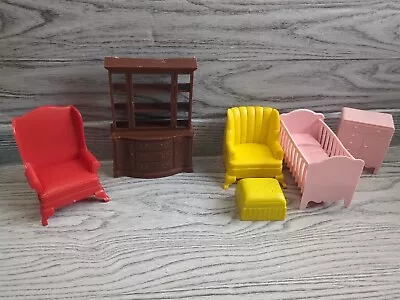 VINTAGE MARX PLASTIC DOLLHOUSE  FURNITURE Lot/6 Pieces Nursery Room CHAIR HUTCH  • $24.95